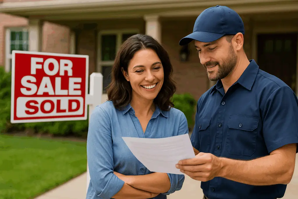 Homeowner and technician reviewing HVAC warranty paperwork in front of a recently sold home.
